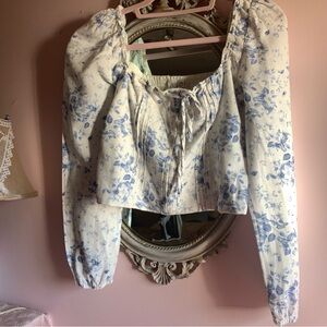 JOIE Blue Floral Smocked Corset Blouse